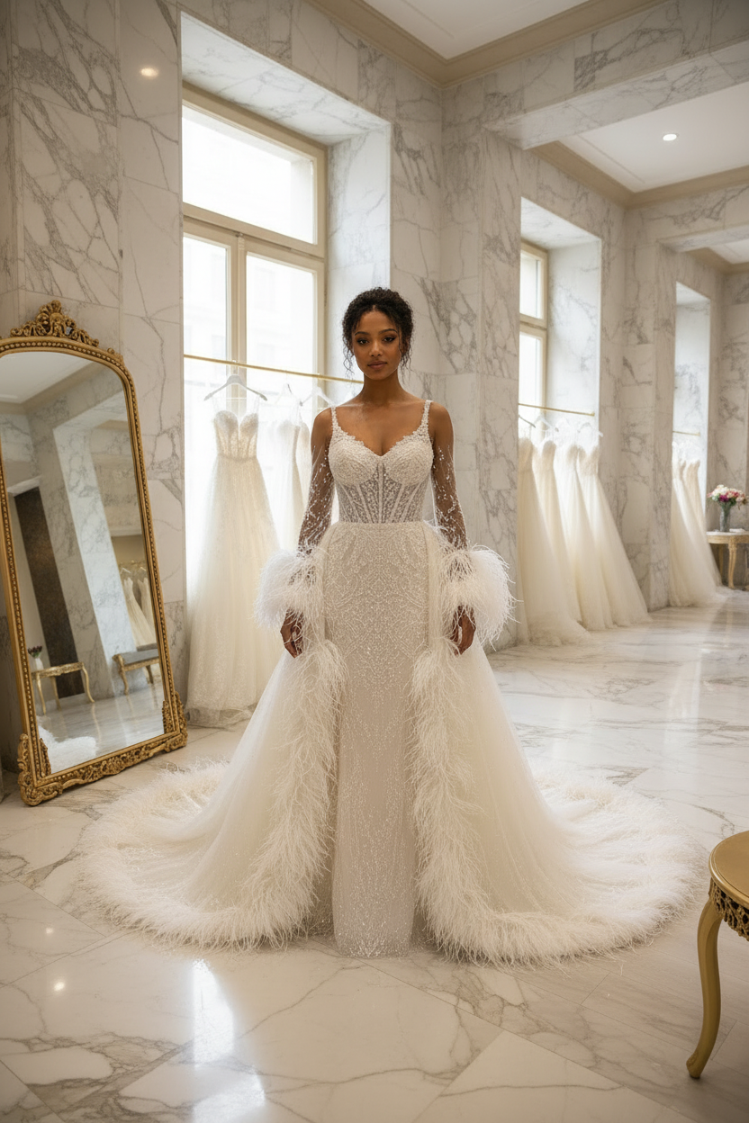 G21-048 Feather Detail Couture Bridal Gown