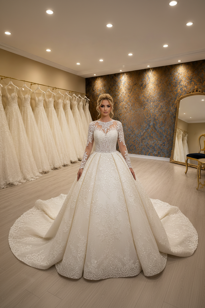 G21-021 Soft Ivory Royal Princess Ball Gown | Long Lace Sleeve | Illusion Neckline | French Lace | Pearl Beading | Cathedral Train | Hijab Style Bridal