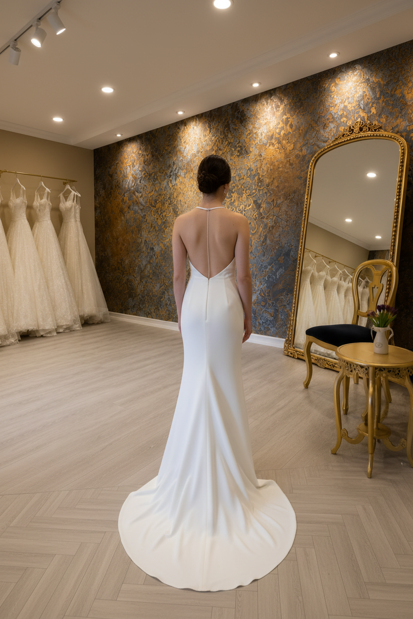 NIL-059 Sleek Halter Neck Satin Crepe Bridal Gown – Back View