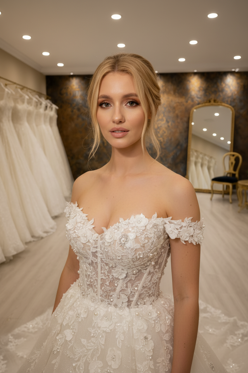NIL-197 – Ivory Duchess Saten 3D Floral Dantel Balo gelinliği – Off-Shoulder – Chapel Kuyruk