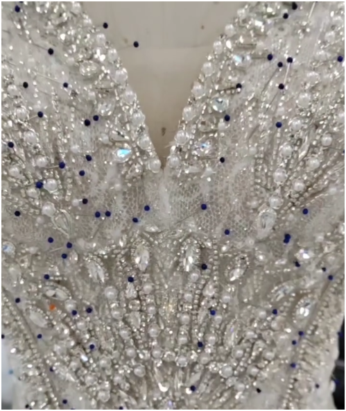G21-253 Crystal Pearl & Sapphire Bead Mermaid Gown with Cathedral Veil | Deep V Neck | Long Sleeves | Gulf Couture