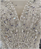 G21-253 Crystal Pearl & Sapphire Bead Mermaid Gown with Cathedral Veil | Deep V Neck | Long Sleeves | Gulf Couture