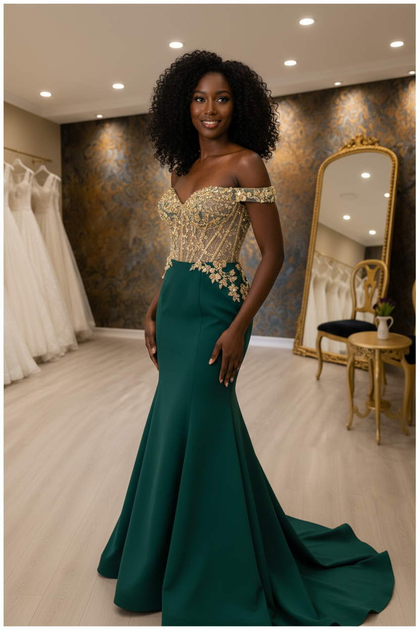 G21-NS-261 Emerald Green Gold Crystal Fit-and-Flare Engagement Dress