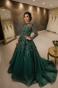 NIL-NS-240 Emerald Green Gold Crystal Princess Ball Gown Engagement Dress - Front View