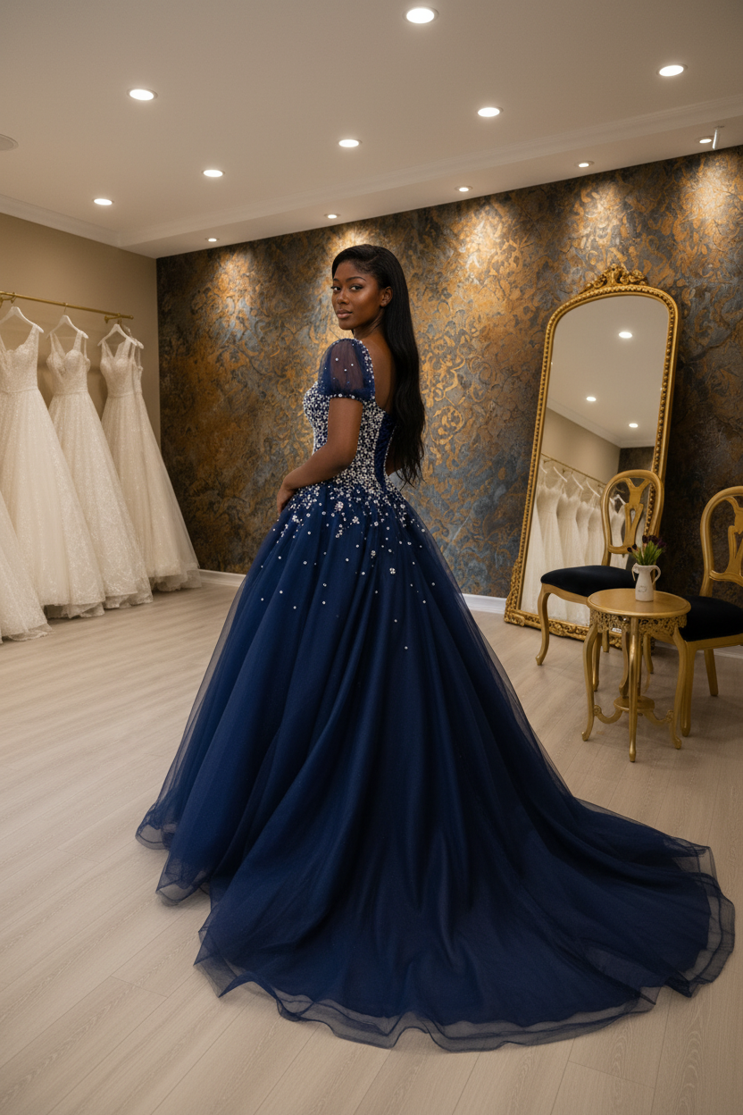 G21-NS-260 Navy Blue Silver Crystal Pearl Ball Gown Engagement Dress