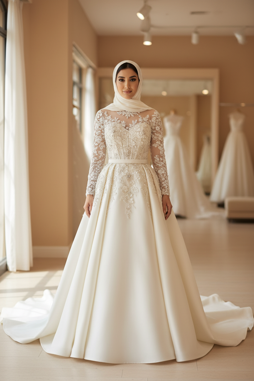 G21-009 Soft Ivory Princess Ball Gown | Long Lace Sleeve | High Illusion Neckline | Crystal Pearl Beading | Cathedral Train | Hijab Bridal