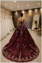 NIL-NS-266 Burgundy Royal Crystal Princess Engagement Dress - Back View