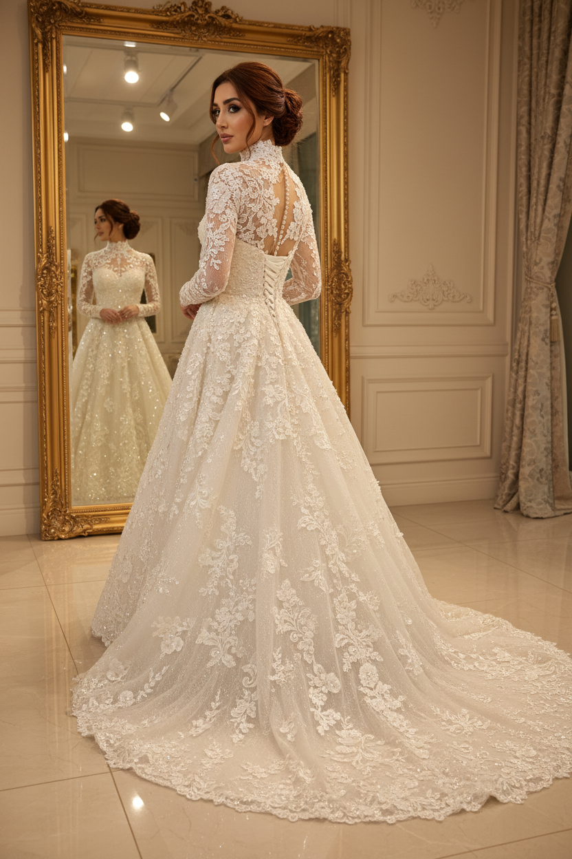 G21-223 Hijab Wedding Dress - Auburn Lace Back Detail Gown