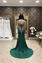 NIL-NS-245 Emerald Green Gold Crystal Mermaid Engagement Dress - Back View