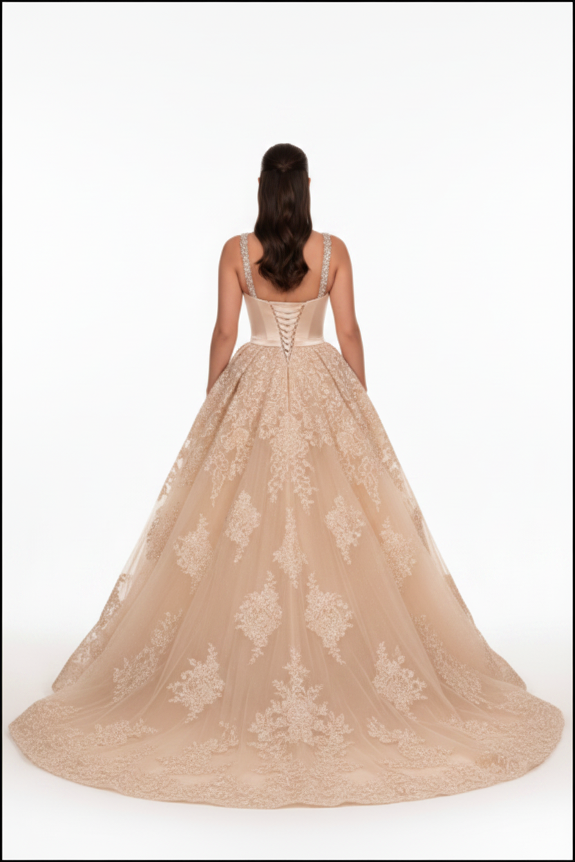 NIL-117 champagne Detachable Overskirt Brudekjole – bagfra