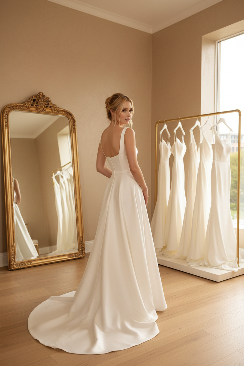 NIL-061 Square Neck Minimal Luxury Gown – Back 3/4 View