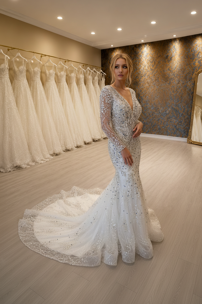 NIL-253 Crystal Pearl Mermaid Gown – Creative Pose, Sandalyeye Yaslanmış
