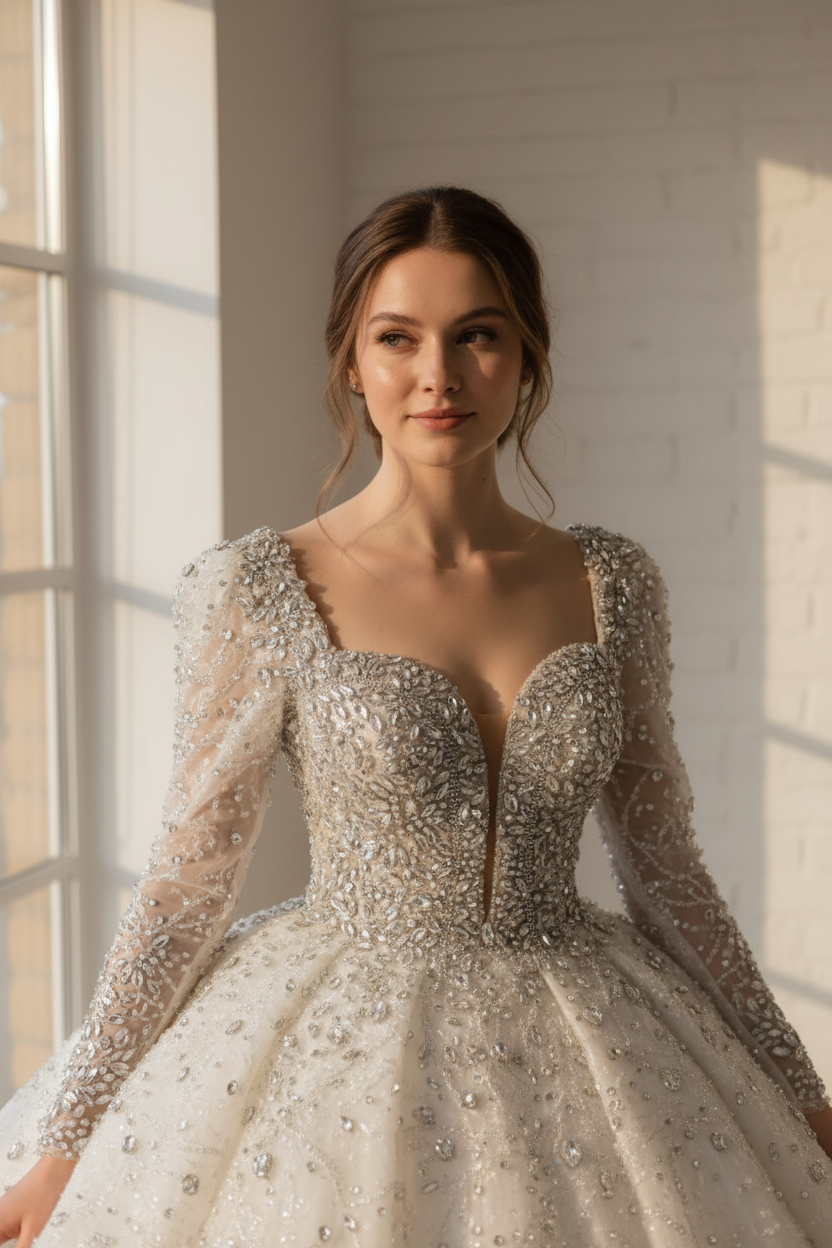 G21-097 Princess Lace Bridal Gown with Sweetheart Neckline and Cathedral Train