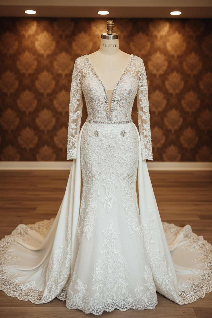 NIL-244 – Ivory Balık model Fit ve Flare Lüks Gelinlik | Beaded Dantel | V Neck | Uzun kol | Kristal nakış | Overskirt Kuyruk