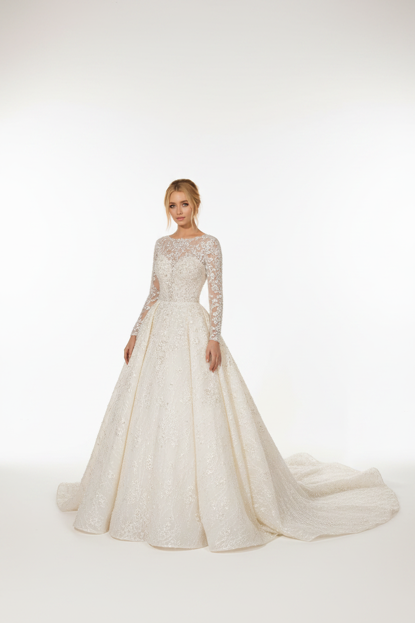 NIL-103 – Off-White princeznovské plesové šaty s dlouhý rukáv Křišťál perla Beading a katedrální vlečka