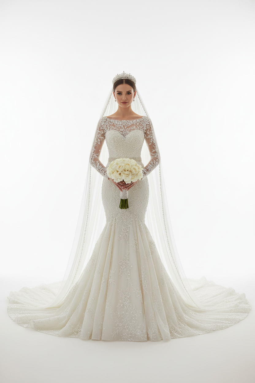 NIL-137-SOFT-IVORY-MERMAID-WEDDING-DRESS-PEARL-LACE-BATEAU-NECKLINE-LONG-SLEEVE-PEARL-HAND-EMBROIDERY-FITTED-WAIST-ROYAL-TRAIN-VINTAGE-ROMANTIC--GULF-MODEST-FRONT-VIEW