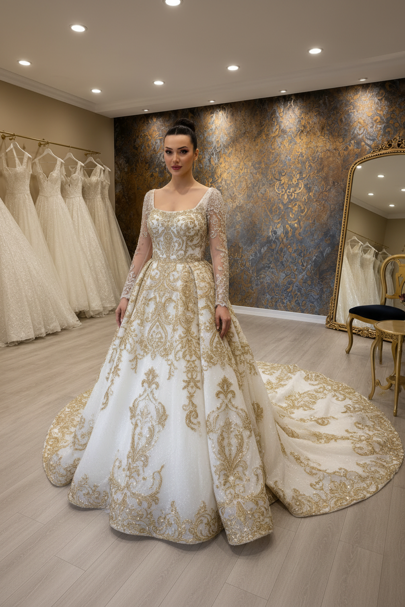 G21-196 Champagne Antique Lace Long Sleeve A-Line - Sweetheart - Cathedral Train