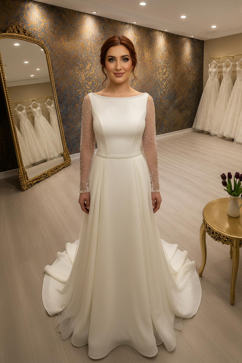 NIL-199 – Ivory Organza Hand-Embroidered Floral Áčkový střih – High Neck – katedrální vlečka
