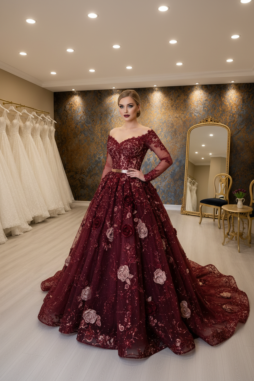 G21-NS-041 Burgundy Rose Gold Ball Gown Engagement Dress