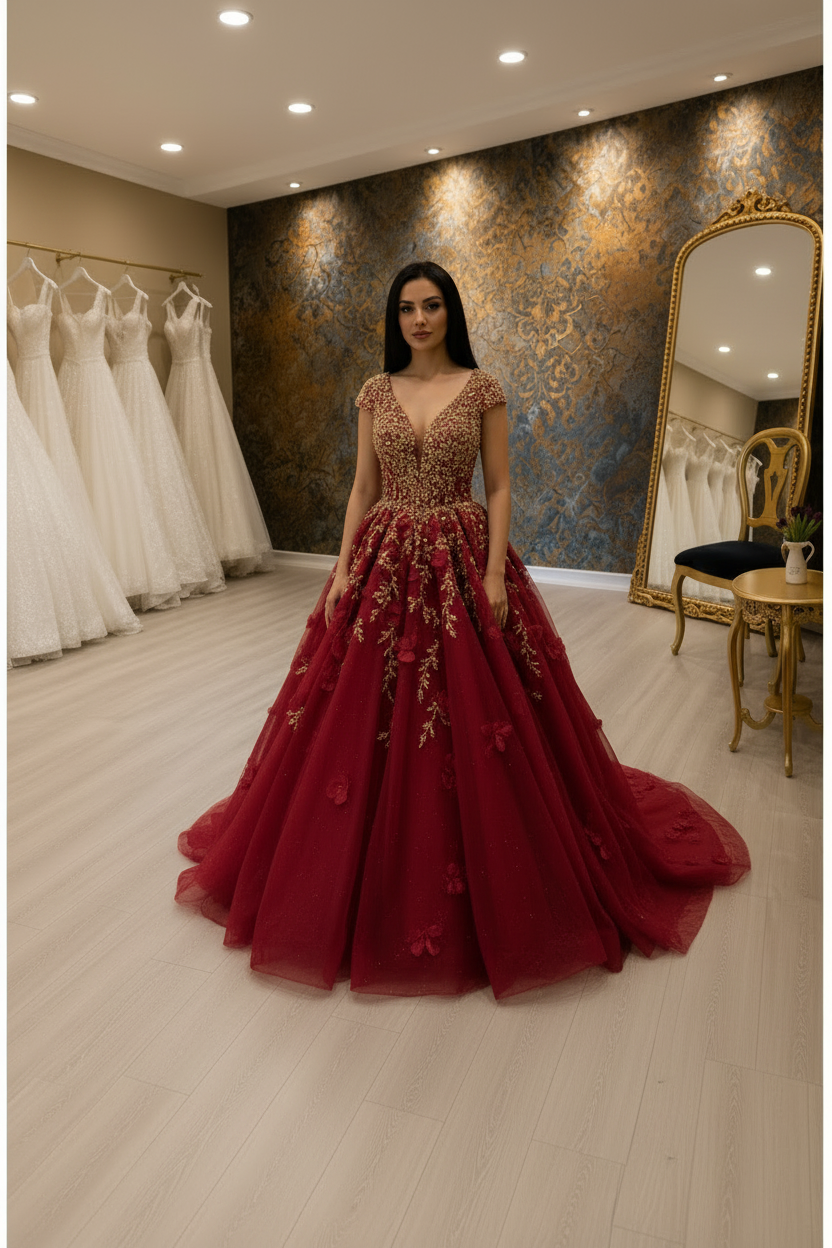G21-NS-263 Crimson Red Royal Crystal Ball Gown Engagement Dress — Gulf Edition