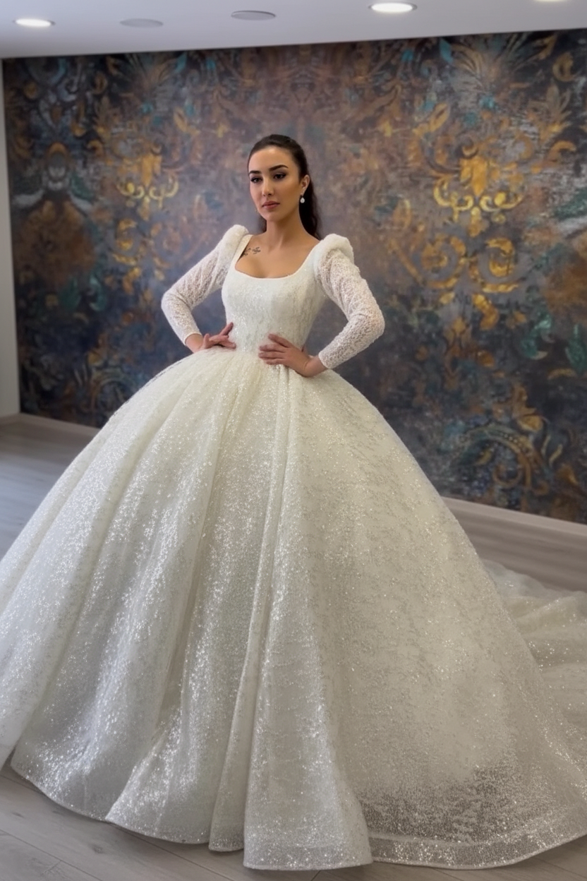G21-095 Royal Lace Bridal Gown with V-Neckline and Chapel Train