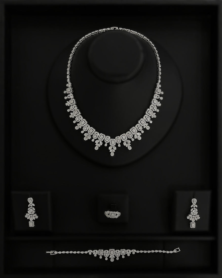 G21-AKS-007 Emerald Baguette Fringe Zircon Bridal Set Necklace