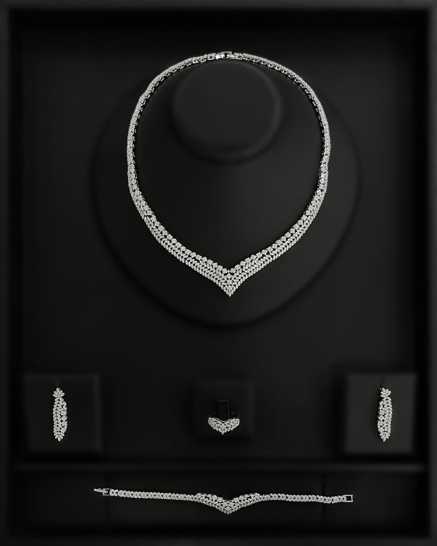 G21-AKS-006 Triple Row Marquise V Zircon Bridal Set Necklace