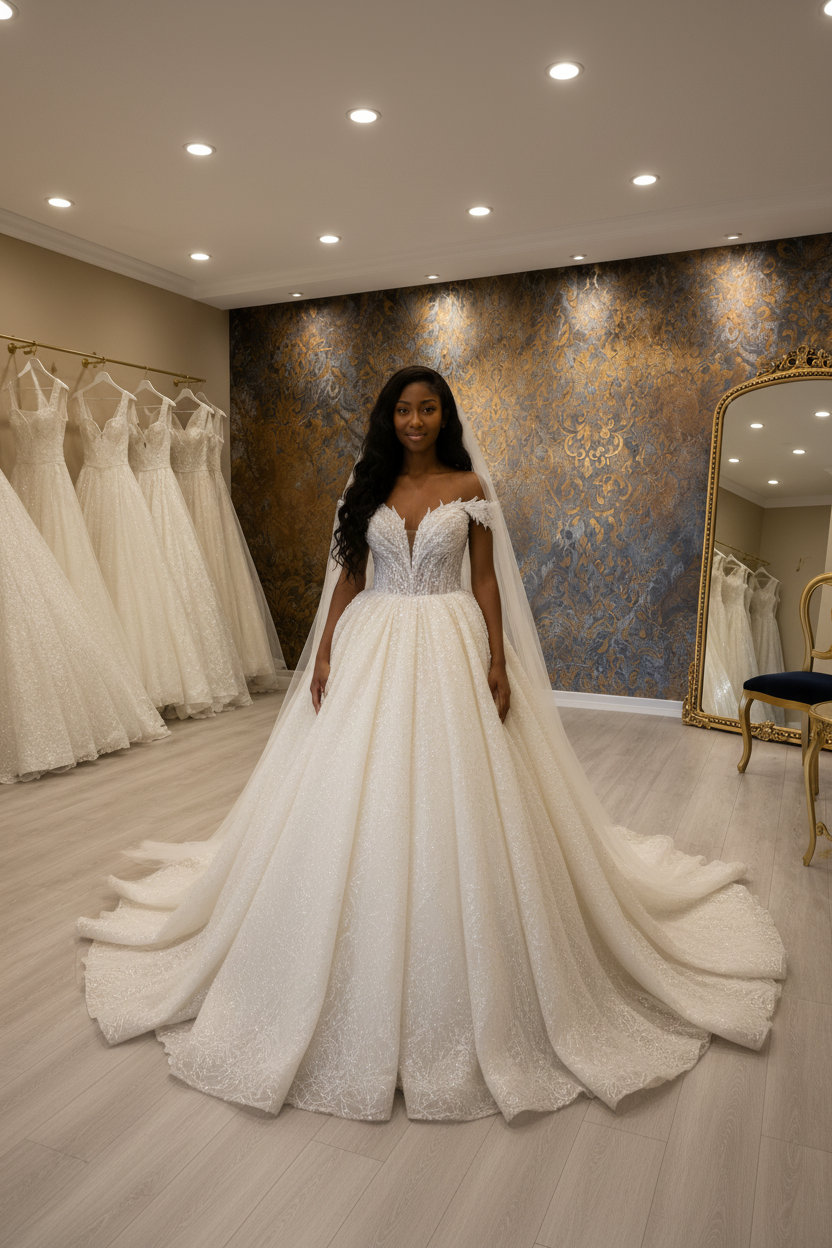 G21-249 Off-Shoulder Feather Detail Ball Gown with Cathedral Veil | Deep V Crystal Bodice | Couture Bridal