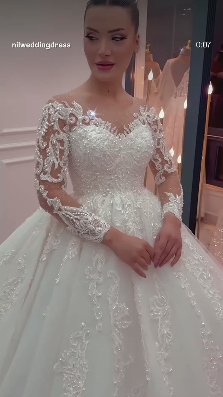 G21-101 Fildişi Prenses Model Dantel gelinlik ve Şapel Kuyruk - closer look