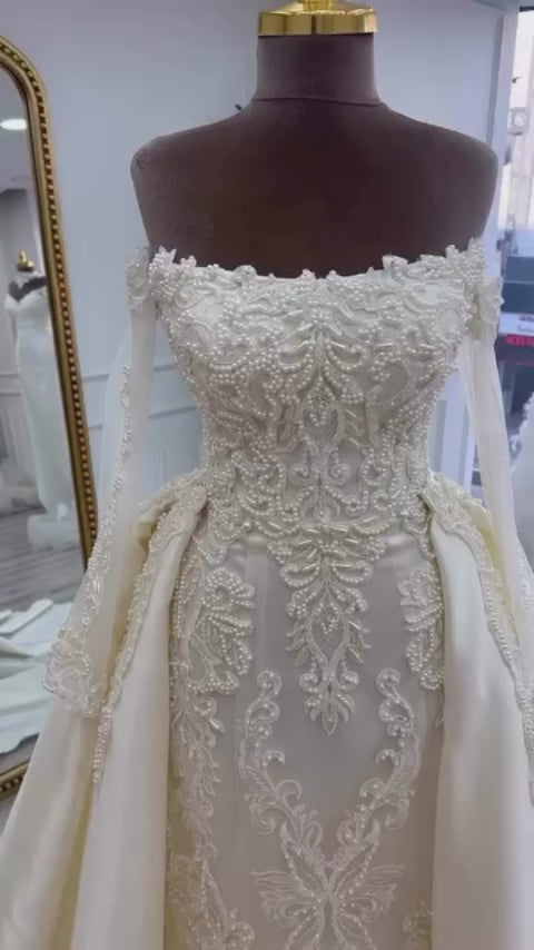 G21-802 | Ivory Off-Shoulder Mermaid Wedding Dress with Detachable Overskirt & Crystal Lace