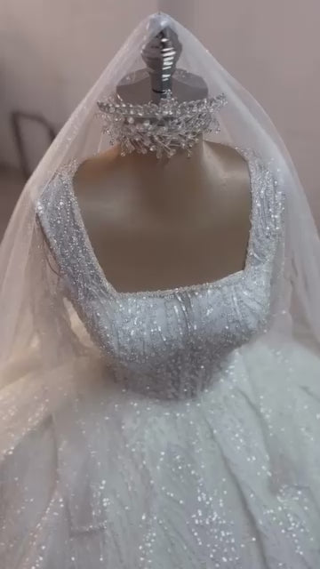 G21-803 | Ice Blue Silver Glitter Ball Gown Wedding Dress with Long Sleeves & Square Neckline