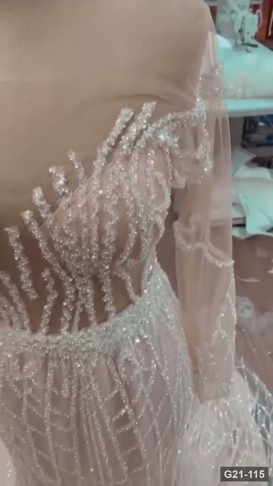 G21-115 | Ivory Mermaid Crystal Fringe Illusion Deep V-Neck Beaded Wedding Dress