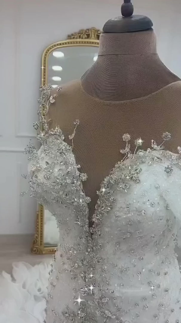 G21-341 Ivory Ball Gown Feather Beaded Tulle Wedding Dress