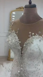 G21-341 Ivory Ball Gown Feather Beaded Tulle Wedding Dress