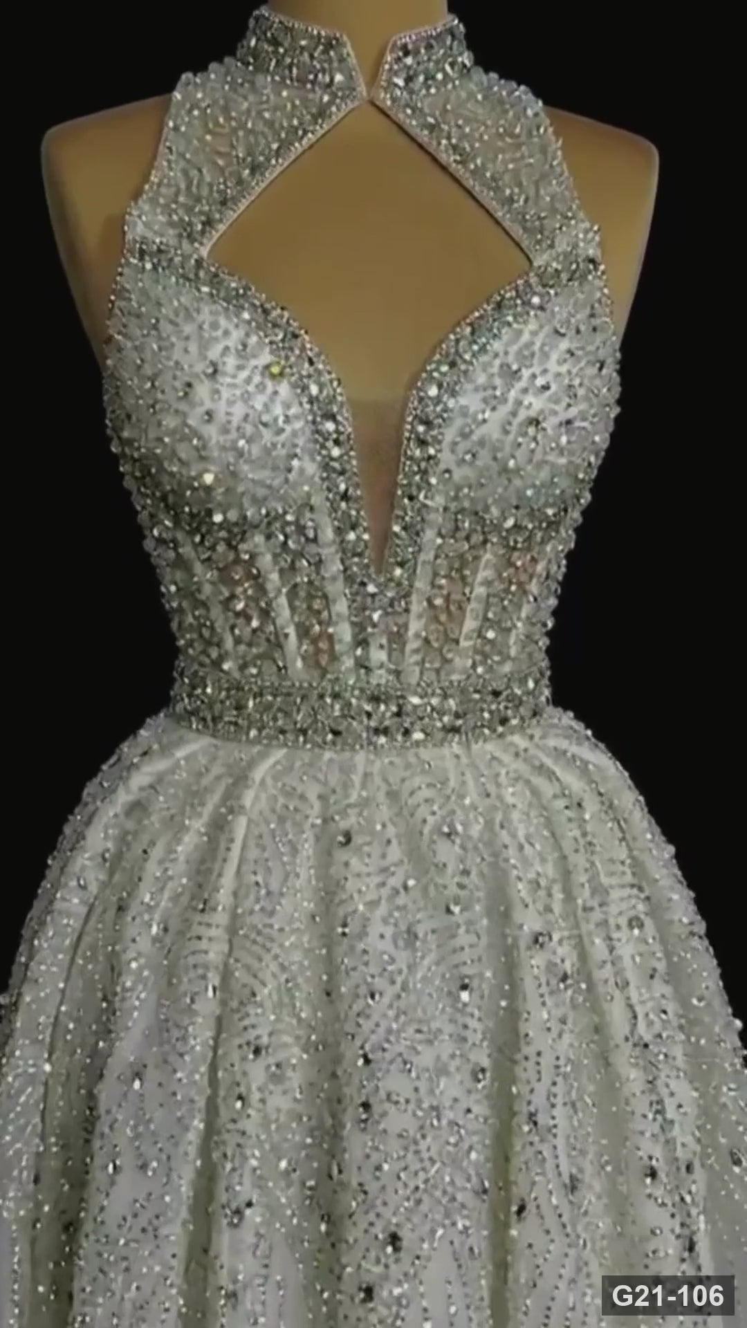 G21-106 | Ivory Ball Gown Heavy Crystal Stone Halter Deep V-Neck Wedding Dress