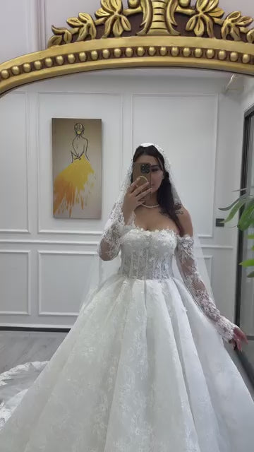 G21-963 Wedding Dress Ball Gown Ivory Off-Shoulder 3D Floral Lace Detachable Sleeve