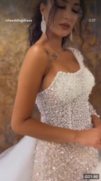G21-090 Ivory Mermaid Lace Wedding Dress with Asymmetric One-Shoulder and Chapel Train