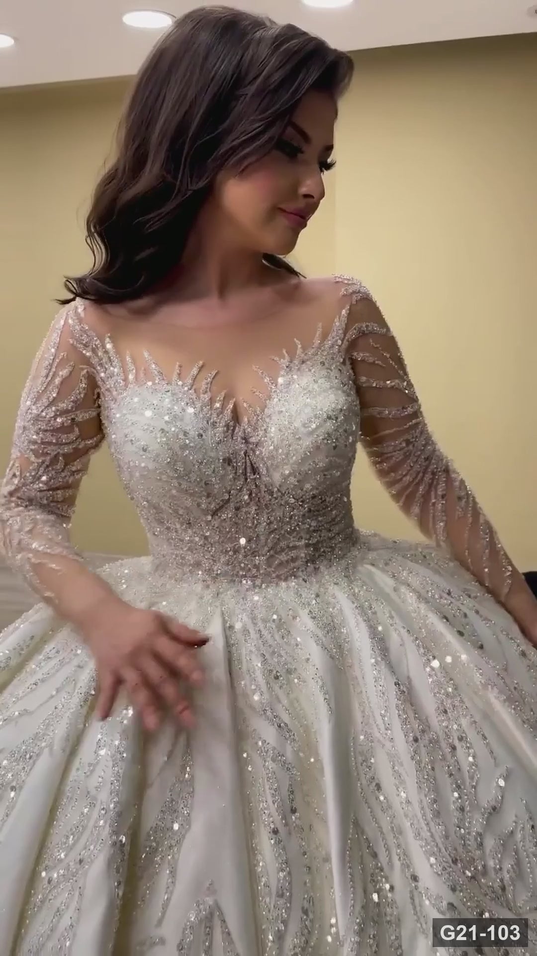 G21-103 | Silver Champagne Ball Gown Crystal Sequin Long Sleeve Illusion Wedding Dress