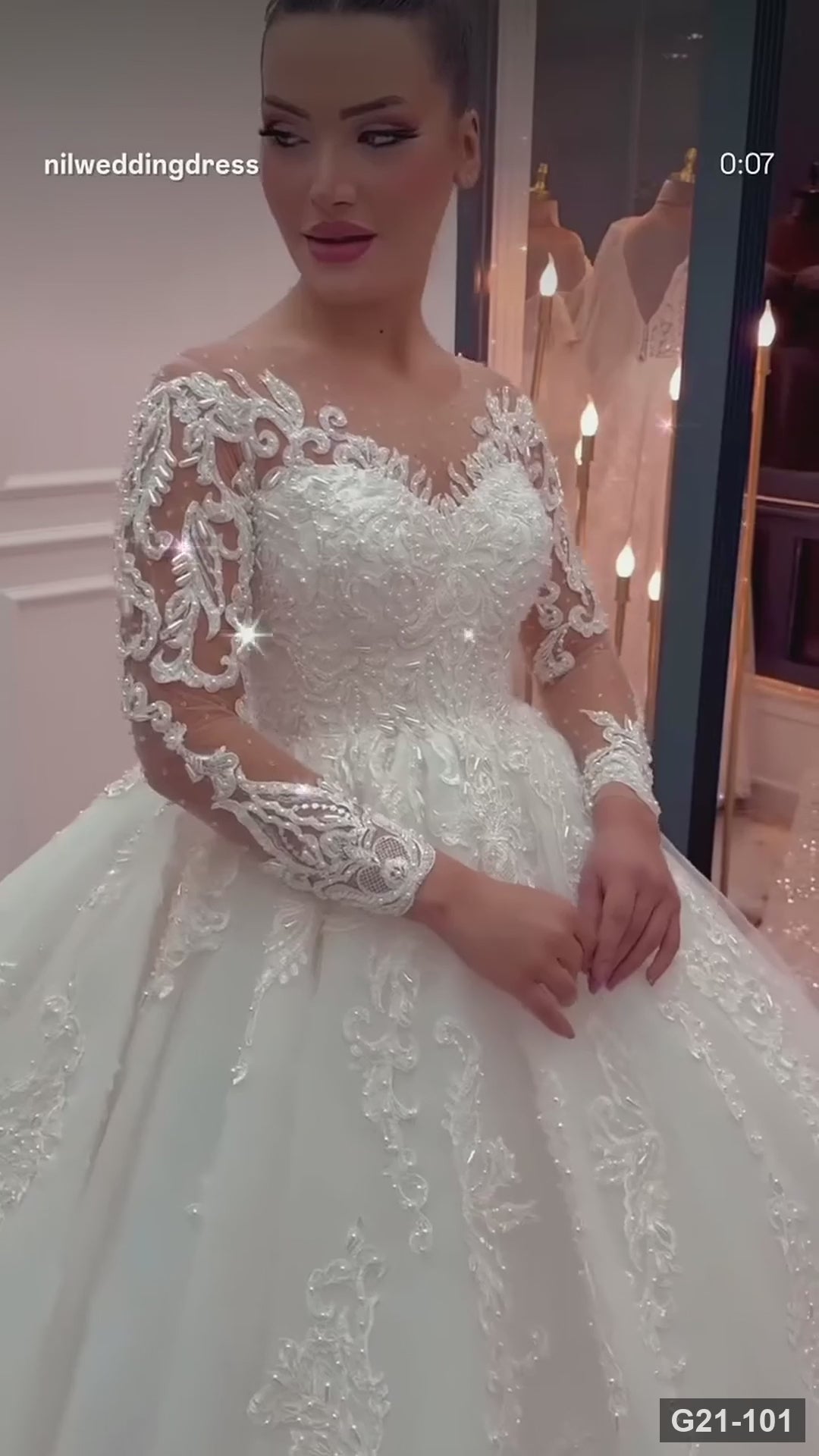 G21-101 | Ivory Ball Gown Crystal Baroque Long Sleeve Illusion Neckline Wedding Dress