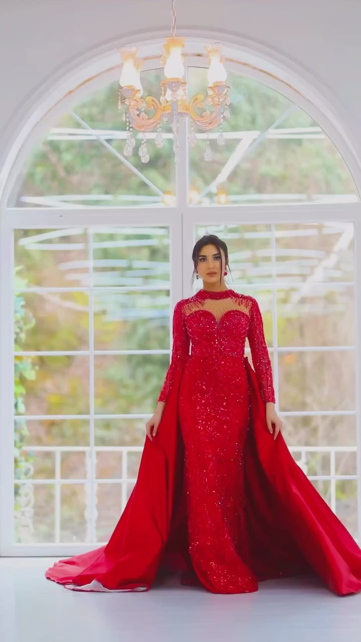 G21-118A - Crimson Beaded Lace Ball Gown Wedding Dress
