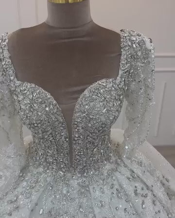 G21-093 White Ivory Princess Lace Bridal Gown with Sweetheart Neckline and Cathedral Train