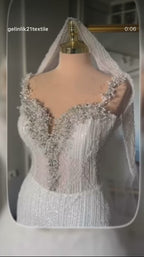 G21-357 Ivory Ball Gown Pearl Beaded Tulle Mesh Wedding Dress