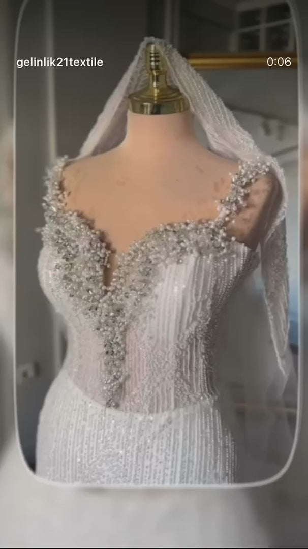 G21-357 Ivory Ball Gown Pearl Beaded Tulle Mesh Wedding Dress