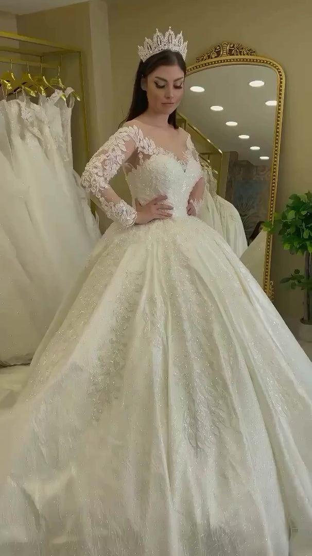 G21-330 Ivory Ball Gown Floral Lace Tulle Wedding Dress