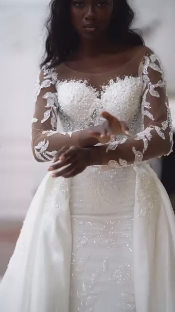 G21-811 | Ivory Illusion Off-Shoulder Crystal Lace Ball Gown Wedding Dress with Long Sleeves