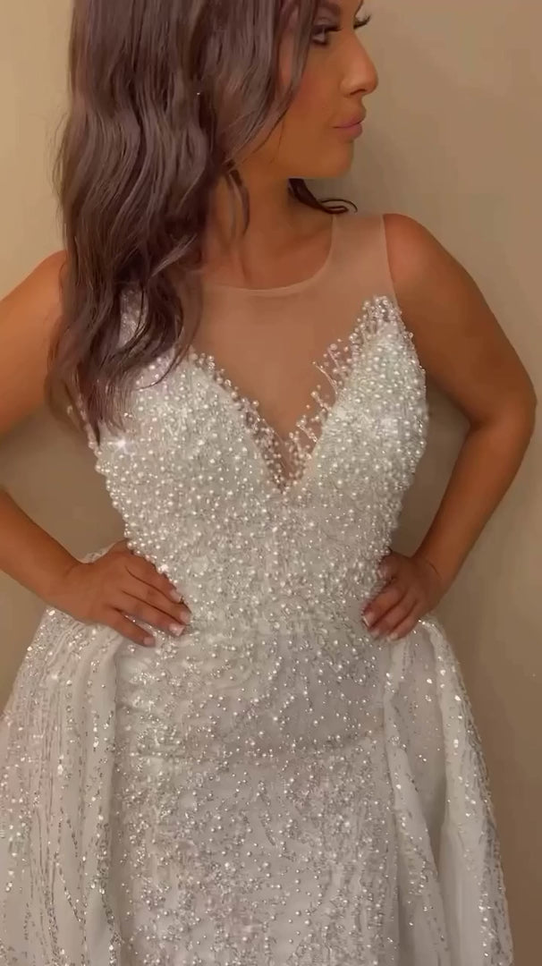 G21-309 Ivory A-Line Crystal Beaded Tulle Mesh Wedding Dress