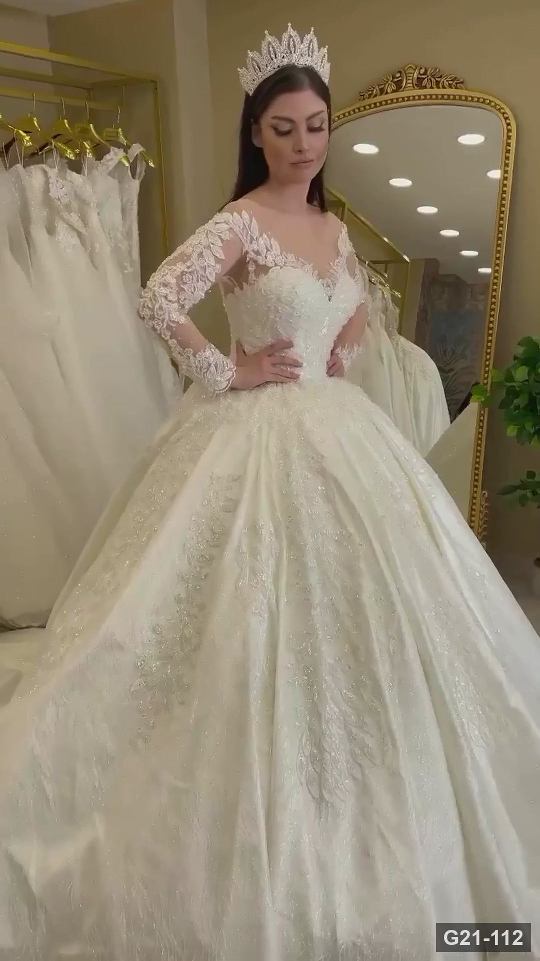 G21-112 | Ivory Ball Gown Leaf Lace Long Sleeve Illusion Neckline Corset Wedding Dress