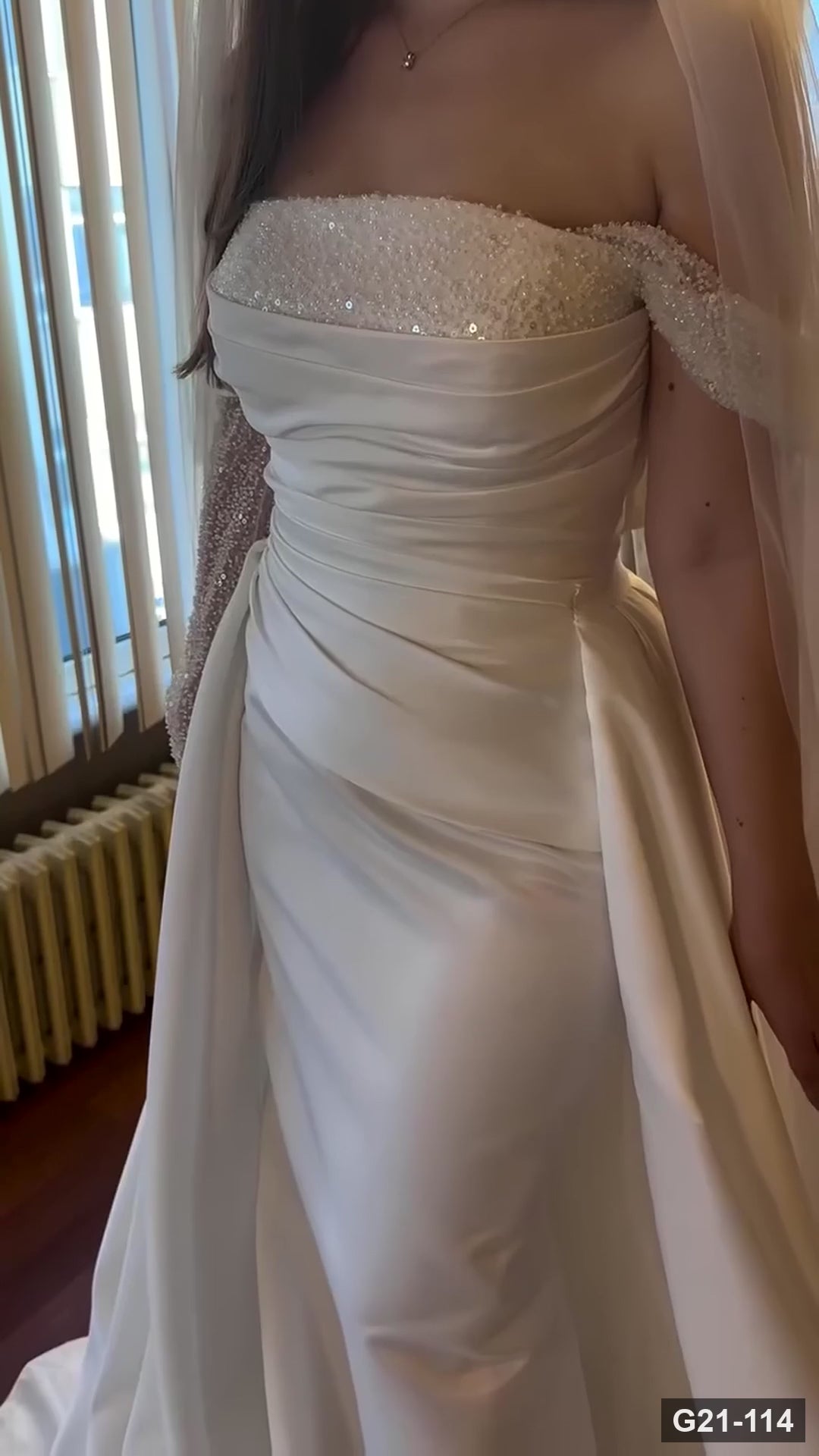 G21-114 | Ivory Satin Mermaid Off-Shoulder Crystal Trim Draped Wedding Dress