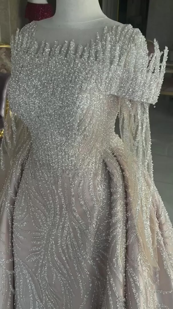 G21-NS-367 Ivory Mermaid Crystal Beaded Mesh Engagement Dress