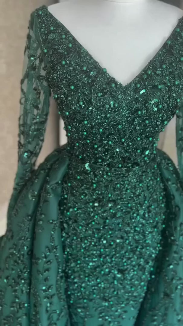 G21-NS-380 Emerald Ball Gown Sequin Beaded Tulle Engagement Dress